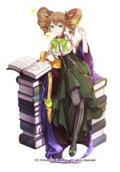 Rule 34 | &gt;:), 1girl, book, book stack, bow, brown hair, corset, drill hair, full body, glasses, green bow, green eyes, gyakushuu no fantasica, long skirt, magic, magic circle, millgua, official art, open book, pantyhose, robe, round eyewear, short hair, simple background, sitting, skirt, smile, solo, striped clothes, striped pantyhose, twin drills, v-shaped eyebrows, vertical-striped clothes, vertical-striped pantyhose, white background