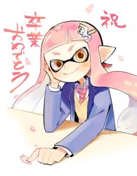 Rule 34 | 1girl, aguruma (yukisita03), blue jacket, cherry blossoms, closed mouth, hair ornament, hand up, inkling, inkling girl, inkling player character, jacket, long hair, long sleeves, motion lines, nintendo, open clothes, open jacket, petals, pink hair, pink neckwear, plaid, plaid neckwear, pointy ears, smile, solo, splatoon (series), splatoon 1, suction cups, sweater vest, tentacle hair, yellow eyes