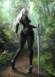 Rule 34 | 1girl, absurdres, angelise reiter, animal, ass, warrior of light (ff14), backless leotard, bare legs, black bodysuit, black footwear, black leotard, bodysuit, breasts, claw ring, commentary, commission, earrings, english commentary, final fantasy, final fantasy xiv, forest, full body, garlean, high heels, highres, jewelry, kneepits, large breasts, leotard, lips, long hair, long legs, looking at viewer, looking back, makeup, mascara, nature, opossum, pigeon-toed, planted, planted sword, planted weapon, second-party source, solo, standing, stiletto heels, sword, thick thighs, thighs, valentina feshina, weapon, white hair, zweihander