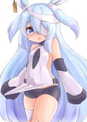 Rule 34 | 1girl, absurdres, animal ears, bandages, bandage over one eye, bandaged leg, bandages, bike shorts, black shorts, blue eyes, blue hair, blush, breasts, rabbit ears, covered navel, doll joints, ear tag, elbow gloves, gloves, highres, joints, lifting own clothes, little witch nobeta, long hair, monica (little witch nobeta), short shorts, shorts, small breasts, solo, tabard, tabard lift, thighs, white gloves, white tabard