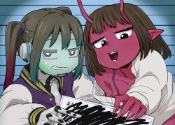 Rule 34 | 2girls, 4shi, android, antenna hair, black eyes, blue hair, blunt bangs, bright pupils, brown hair, chiharu (milky highway), clenched teeth, collarbone, colored skin, commentary request, crossed out, fingernails, gradient hair, half-closed eyes, highres, jacket, jersey, makina (milky highway), mechanical ears, mechanical hands, milky highway, mugshot, multicolored hair, multiple girls, off-shoulder sweater, off shoulder, open clothes, open jacket, pointy ears, purple eyes, purple jacket, red hair, red skin, sharp fingernails, smug, sweater, teeth, twintails, upper body, white jacket, white pupils, white sweater