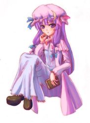 Rule 34 | 1girl, blunt bangs, blush, book, crescent, crescent hat ornament, female focus, full body, hat, hat ornament, holding, holding book, juuka@100neko, knees up, loafers, long hair, looking at viewer, mob cap, patchouli knowledge, purple eyes, shoes, sidelocks, simple background, solo, touhou, white background