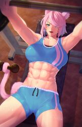 Rule 34 | 1girl, abs, absurdres, animal ears, barbell, bench press, blue eyes, breasts, buttslayer, cat ears, cat girl, cat tail, dumbbell, exercising, facial mark, final fantasy, final fantasy xiv, green eyes, gym, hair over one eye, highres, large breasts, muscular, muscular female, open mouth, pink hair, shorts, solo, sweat, tail, tank top, whisker markings