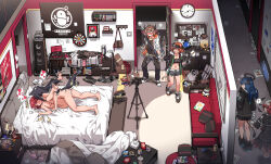 Rule 34 | 1boy, 5girls, ?, ^ ^, absurdres, ahoge, anal beads, animal ears, arknights, bag, bean bag chair, bed, bison (arknights), black footwear, black hair, black halo, black jacket, black pants, black shorts, window blinds, blue hair, blush, bottle, box, bra, unworn bra, breasts, brown bag, brown hair, bulletin board, camera, can, cardboard box, cellphone, character doll, charging device, chest of drawers, clock, closed eyes, couch, cow boy, cow girl, cow horns, cow tail, croissant (arknights), cushion, dark halo, dartboard, demon girl, demon horns, demon tail, detached wings, dildo, door, doorway, ear blush, egg vibrator, electrical outlet, energy wings, exusiai (arknights), fiammetta (arknights), fur-trimmed jacket, fur trim, futa with female, futanari, gloves, hallway, halo, handbag, highres, horns, jacket, kataokasan, kettle, loaded interior, long hair, medium breasts, missionary, mostima (arknights), multiple girls, navel, nintendo switch, nintendo switch pro controller, nipples, nude, o o, on bed, open mouth, orange hair, pants, penguin logistics logo, penis, phone, phonograph, pink bra, pitcher (container), ponytail, record, recording, red hair, roomscape, scroll, sex, sex toy, shoes, short hair, shorts, smartphone, snack, speaker, speech bubble, spoken question mark, spoken star, spread legs, star (symbol), stuffed animal, stuffed penguin, stuffed rabbit, stuffed toy, tail, texas (arknights), the emperor (arknights), thumbs up, trash can, tripod, underwear, v, vibrator, visor cap, walking, wall clock, white gloves, white jacket, wide shot, window, wings, wire, wolf ears, wolf girl, wolf tail