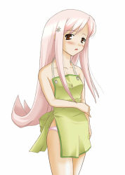 Rule 34 | 00s, 1girl, apron, blush, cowboy shot, hair ornament, hairclip, looking at viewer, lucy maria misora, naked apron, nearly naked apron, panties, pink hair, red eyes, simple background, solo, sore-hp, standing, to heart (series), to heart 2, underwear, white background, white panties