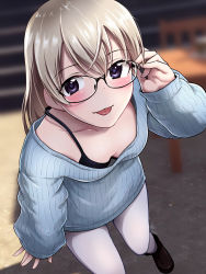 Rule 34 | 1girl, :p, adjusting eyewear, bespectacled, black-framed eyewear, blonde hair, bra, breasts, cleavage, commentary request, downblouse, eila ilmatar juutilainen, glasses, highres, liar lawyer, off shoulder, pantyhose, purple eyes, ribbed sweater, small breasts, solo, strap gap, strike witches, sweater, tongue, tongue out, underwear, world witches series