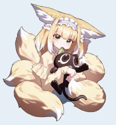 Rule 34 | 1girl, absurdres, animal ear fluff, animal ears, arknights, beudelb, black cat, blonde hair, blush, cat, commentary request, cropped torso, fox ears, fox girl, fox tail, frilled hat, frills, green eyes, hat, highres, long hair, long sleeves, looking at viewer, luo xiaohei, multicolored hair, nibbling, official alternate costume, simple background, suzuran (arknights), suzuran (spring praise) (arknights), tail, tearing up, luo xiaohei zhanji, two-tone hair, upper body, white background, white hair