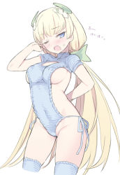 Rule 34 | 1girl, ;o, angela balzac, arm behind back, bare shoulders, blade (galaxist), blonde hair, blue eyes, blue one-piece swimsuit, blue ribbon, blue thighhighs, blush, breasts, casual one-piece swimsuit, cleavage cutout, clothing cutout, covered erect nipples, covered navel, cowboy shot, green ribbon, groin, hair ribbon, hand in own hair, headgear, long hair, looking at viewer, low twintails, medium breasts, one-piece swimsuit, one eye closed, open mouth, rakuen tsuihou, ribbon, short sleeves, side-tie swimsuit, sideboob, simple background, solo, standing, sweat, swimsuit, thighhighs, thighs, translation request, tsurime, twintails, very long hair, white background