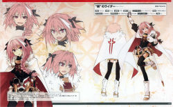 Rule 34 | 1boy, absurdres, arm up, artbook, astolfo (fate), boots, character name, character profile, character sheet, expressions, fate/apocrypha, fate (series), hair intakes, highres, multiple views, official art, pink background, pink hair, scan, trap, turnaround, white footwear