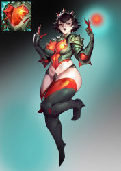 Rule 34 | 1girl, :d, armor, black footwear, black hair, boots, breasts, ezi, foot up, gradient background, hair ornament, heartsteel (league of legends), high heels, highres, humanization, large breasts, league of legends, mole, mole under eye, open mouth, red eyes, red lips, shiny clothes, short hair, shoulder plates, smile, solo, teeth, thigh boots