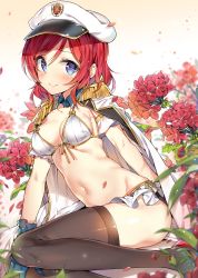 Rule 34 | 10s, 1girl, bad id, bad pixiv id, bikini, bikini under clothes, black thighhighs, blue eyes, blue gloves, blurry, blush, breasts, depth of field, epaulettes, eyelashes, flower, flower request, front-tie bikini top, front-tie top, gloves, gold trim, gradient background, hat, high heels, highres, jacket, leaning to the side, looking at viewer, love live!, love live! school idol festival, love live! school idol project, military jacket, navel, nishikino maki, open clothes, open jacket, peaked cap, petals, pumps, red footwear, red hair, shoes, side-tie bikini bottom, sitting, smile, solo, sparkle, swimsuit, swimsuit under clothes, thighhighs, white bikini, white jacket, yuran