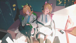 Rule 34 | 2girls, absurdres, animal ear headphones, animal ears, black skirt, black thighhighs, blonde hair, blue archive, blue necktie, bow, cat ear headphones, closed eyes, collared shirt, commentary request, couch, drooling, fake animal ears, green bow, hair bow, handheld game console, head tilt, headphones, highres, hood, hooded jacket, jacket, knees up, long sleeves, low-tied sidelocks, midori (blue archive), miniskirt, momoi (blue archive), mouth drool, multicolored clothes, multicolored jacket, multiple girls, necktie, no shoes, open mouth, parted bangs, pleated skirt, red bow, shirt, shirt tucked in, short shorts, shorts, siblings, sisters, sitting, skirt, sleeping, sleeves past wrists, sunlight, suspenders, tacshojosora, thighhighs, twins, white jacket, white shirt, wide sleeves, zettai ryouiki