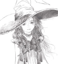 Rule 34 | 1girl, bare arms, choker, collarbone, commentary, crosshatching, english commentary, eyelashes, floating hair, greyscale, hair between eyes, hat, hatching (texture), highres, large hat, linear hatching, long hair, looking at viewer, matayoshi, monochrome, original, parted lips, short sleeves, signature, simple background, sketch, smile, solo, upper body, wavy hair, white background, wind, witch, witch hat