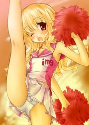Rule 34 | 1girl, aoi kumiko, blonde hair, character request, cheerleader, cross channel, frilled panties, frills, futaba channel, kicking, one eye closed, open mouth, panties, pantyshot, pleated skirt, pom pom (cheerleading), red eyes, sailor collar, skirt, smile, solo, split, standing, standing on one leg, sunset, underwear, upskirt, white panties, wink