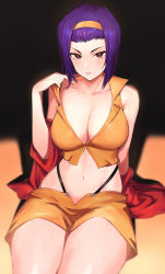 Rule 34 | 1girl, absurdres, bare shoulders, blush, breasts, brown eyes, cleavage, clothes pull, collarbone, cowboy bebop, crop top, dark skin, faye valentine, hair pulled back, hairband, highleg, highleg panties, highres, jacket, large breasts, looking at viewer, navel, off shoulder, open clothes, open jacket, panties, parted lips, purple hair, red jacket, rororo, shirt pull, short hair, shorts, sitting, solo, thighs, underwear, yellow hairband, yellow shorts
