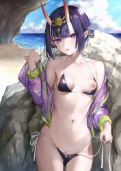 Rule 34 | 1girl, :3, against rock, bare shoulders, beach, bikini, bikini pull, blue sky, bob cut, breasts, cleft of venus, closed mouth, clothes pull, cloud, collarbone, cowboy shot, day, eyeliner, fang, fang out, fate/grand order, fate (series), feet out of frame, gluteal fold, groin, hair ornament, hair up, halterneck, hand up, highres, holding, horns, jacket, kaguyuzu, leaning back, light blush, lips, looking at viewer, makeup, micro bikini, multicolored clothes, multicolored jacket, navel, nipples, ocean, off shoulder, one breast out, open clothes, open jacket, outdoors, pointy ears, purple bikini, purple eyes, purple hair, purple jacket, pussy, pussy peek, red eyeliner, rock, sand, shore, short eyebrows, short hair, shuten douji (fate), side-tie bikini bottom, sidelocks, skin-covered horns, sky, small breasts, smile, solo, standing, stomach, string bikini, swimsuit, thick eyebrows, thighs, two-tone jacket, untied bikini, unzipped, zipper pull tab