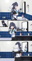 Rule 34 | 1girl, bathroom, black gloves, blue eyes, blue hair, bow, bow earrings, breasts, cellphone, chain, clothing cutout, comic, earrings, english text, gardavwar, gloves, hair intakes, highres, hololive, hololive english, jewelry, johnny bravo (series), large breasts, meme, mirror, narcissism, ouro kronii, phone, short hair, smartphone, underboob, virtual youtuber