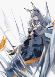 Rule 34 | 1girl, absurdres, animal ears, arknights, asymmetrical bangs, black gloves, black thighhighs, blunt bangs, boots, closed mouth, coat, ear ornament, frostnova (arknights), full body, gloves, grab pigeon, grey eyes, hair ornament, hair over one eye, hairclip, highres, holding, holding knife, holding weapon, ice, knee boots, knife, long hair, looking at viewer, orange armband, rabbit ears, rabbit girl, ring hair ornament, scar, scar on face, scar on nose, sitting, solo, thighhighs, weapon, white background, white coat, white footwear, white hair