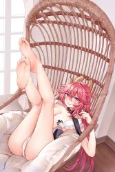 Rule 34 | 1girl, absurdres, animal ears, ass, bare arms, bare legs, bare shoulders, barefoot, breasts, butt plug, cleavage, feet, feet up, fox ears, genshin impact, highres, icons (1452697582), japanese clothes, jewel butt plug, legs up, long hair, looking at viewer, miko, panties, pink hair, purple eyes, sex toy, soles, tape, toes, underwear, white panties, wide sleeves, yae miko