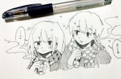 Rule 34 | 1boy, 1girl, can, coat, commentary request, cup, greyscale, hand up, hands up, highres, holding, holding can, holding cup, looking at another, looking at viewer, monochrome, original, outo eguchi, paper (medium), pen, pen (medium), photo (medium), scarf, short hair, simple background, speech bubble, translation request, white background