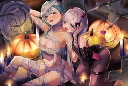 Rule 34 | 2girls, arms up, bandages, bite mark, black leotard, black pantyhose, blue eyes, blush, breasts, candle, collarbone, cross, cross-laced clothes, demon horns, demon tail, demon wings, detached sleeves, fangs, green hair, grey hair, halloween, hands on another&#039;s face, holding hands, horns, horo 27, jack-o&#039;-lantern, kaga sumire, kneeling, large breasts, leotard, lupinus virtual games, multiple girls, mummy costume, navel, pantyhose, purple eyes, sitting, tail, teeth, thigh strap, tombstone, tongue, tongue out, underboob, upper teeth only, virtual youtuber, vspo!, wings, yakumo beni