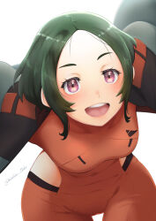 Rule 34 | 1girl, :d, asticassia school uniform, bodysuit, breasts, clothing cutout, covered navel, eeshin (eishin5584), forehead, green hair, green jacket, gundam, gundam suisei no majo, jacket, leaning forward, looking at viewer, maisie may, medium breasts, open clothes, open jacket, open mouth, orange bodysuit, purple eyes, school uniform, short hair, side cutout, smile, solo, teeth, twitter username