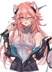 Rule 34 | 1girl, ;d, animal ears, arknights, bare shoulders, black jacket, earpiece, gravel (arknights), grey shirt, highres, holding, holding sword, holding weapon, jacket, mouse ears, mouse girl, off shoulder, one eye closed, open clothes, open jacket, open mouth, over shoulder, pink eyes, pink hair, shino duka, shirt, simple background, sleeveless, sleeveless shirt, smile, solo, sword, torn clothes, torn shirt, upper body, weapon, weapon over shoulder, white background