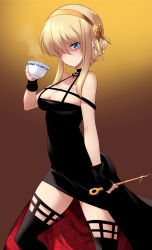 Rule 34 | 1girl, bare shoulders, black dress, black thighhighs, blonde hair, blue eyes, breasts, cleavage, cosplay, cup, darjeeling (girls und panzer), dress, girls und panzer, hair ornament, highres, kuzuryuu kennosuke, looking at viewer, medium breasts, one eye covered, solo, spy x family, standing, teacup, thighhighs, two-sided dress, two-sided fabric, yor briar, yor briar (cosplay)