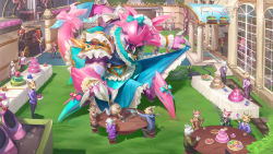 Rule 34 | 6+boys, 6+girls, absurdres, alternate costume, annie (league of legends), bow, building, cafe cuties (league of legends), cafe cuties annie, cafe cuties tibbers, cake, claws, colored skin, cup, dress, fangs, food, frilled dress, frills, furry, furry female, furry male, grass, green dress, highres, jacket, league of legends, long sleeves, mug, multiple boys, multiple girls, official alternate costume, outdoors, pink bow, pink skin, rek&#039;sai, sharp teeth, shoes, table, teacup, teeth, window, wutu (1183238220)