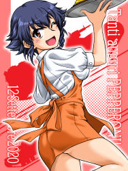 Rule 34 | 1girl, ;d, alternate costume, anna miller, apron, ass, black hair, braid, brown eyes, character name, collared shirt, cosplay, dated, employee uniform, from side, girls und panzer, hair tie, highres, holding, holding tray, italian text, leg up, looking at viewer, military, military vehicle, miniskirt, motor vehicle, one eye closed, oosaka kanagawa, open mouth, orange apron, orange skirt, pepperoni (girls und panzer), red background, shirt, short hair, short sleeves, side braid, skirt, smile, solo, standing, suspender skirt, suspenders, tank, translated, tray, uniform, waitress, white shirt