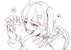 Rule 34 | 1boy, 1girl, ahoge, blush, collar, facial tattoo, fangs, gloves, goddess of victory: nikke, hair ornament, heart, heart tattoo, holding another&#039;s arm, holding hands, jackal (nikke), jacket, kanein, licking, licking arm, long hair, looking at hand, monochrome, multicolored hair, pink hair, red eyes, side ponytail, sidelocks, simple background, spoken heart, spot color, streaked hair, tattoo, teeth, tongue, tongue out, white background