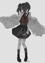 Rule 34 | 1girl, absurdres, ame-chan (needy girl overdose), angel wings, black hair, black skirt, blood, blood on clothes, blood on hands, cutting, empty eyes, hair over one eye, highres, holding, holding knife, knife, looking at viewer, messy hair, neck ribbon, needy girl overdose, red shirt, ribbon, sanmanako, self-harm, shirt, short twintails, skirt, solo, suspender skirt, suspenders, twintails, wings
