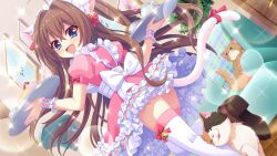 Rule 34 | 1girl, :d, ahoge, animal, animal ear hairband, animal ears, apron, back bow, bell, blue eyes, bow, breasts, brown cat, brown footwear, brown hair, cake, cake slice, calico, cat, cat ear hairband, cat ears, couch, cup, dot nose, dress, dutch angle, fake animal ears, fake tail, fang, film grain, food, frilled skirt, frills, from behind, from below, fruit, game cg, hair bell, hair between eyes, hair bow, hair intakes, hair ornament, hairband, high heels, holding, holding tray, indoors, izumi tsubasu, jingle bell, large bow, lens flare, long hair, looking back, maid apron, medium breasts, non-web source, official art, open mouth, picture frame, pink dress, pink wrist cuffs, re:stage!, red bow, shelf, shikimiya aone, shoes, short sleeves, skirt, smile, solo, sparkle, strawberry, strawberry cake, tail, tail bow, tail ornament, teacup, teapot, thighhighs, thighs, tray, two side up, waitress, walking, white bow, white tail, white thighhighs, wooden floor, wrist cuffs, zettai ryouiki