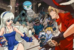 Rule 34 | 1girl, 2boys, ahoge, arm up, armor, player character (mabinogi), bare shoulders, battle, belt, black gloves, blonde hair, blue gloves, blue hairband, book, breastplate, clenched teeth, collarbone, defiaz (infinity), dungeon, dust, dust cloud, extra eyebrows, eyeball, eyes visible through hair, feathers, fingerless gloves, floating, gauntlets, glasses, gloves, green robe, grey hair, hair between eyes, hairband, hat, hat feather, helmet, holding, holding sword, holding wand, holding weapon, hood, hood up, long hair, mabinogi, miniskirt, monster, multiple boys, necktie, open book, open mouth, paper, parted lips, pixel art, red eyes, robe, running, skeleton, skirt, sweat, sword, teeth, wand, weapon
