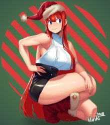 Rule 34 | 1girl, 2018, backless outfit, biceps, black skirt, blue eyes, boots, breasts, christmas, commentary, english commentary, full body, fur trim, hair between eyes, hat, high-waist skirt, large breasts, lilirulu, long hair, long legs, no bra, on one knee, original, red footwear, red hair, santa boots, santa hat, shiny clothes, shiny skin, skirt, sleeveless, smile, solo, tiptoes, toned, very long hair