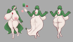 Rule 34 | 1girl, absurdres, ass, back, backboob, breasts, cleft of venus, color guide, colored skin, creatures (company), curvy, female focus, full body, furry, game freak, gardevoir, gen 3 pokemon, gigantic breasts, green hair, grey background, highres, inverted nipples, looking at viewer, nintendo, nipples, no humans, nude, pokemon, pussy, red eyes, shinyglute, short tail, standing, tail, thick thighs, thighs, white skin, wide hips