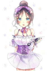 Rule 34 | 1girl, alternate costume, animification, apex legends, black hair, blush, bow, breasts, cleavage, collarbone, corset, detached sleeves, dress, flower, hair bow, highres, holding, holding knife, knife, medium breasts, open mouth, pink bow, purple bow, purple corset, short sleeves, smile, solo, uutan (usg usk), white background, white dress, wraith&#039;s kunai, wraith (apex legends), wrist cuffs, yellow bow
