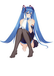 Rule 34 | 1girl, absurdres, arm between legs, bare shoulders, blue eyes, blue hair, blue neckwear, blush, hatsune miku, highres, knees together feet apart, long hair, looking away, skirt, solo, tattoo, thighhighs, thighs, twintails, vest, vocaloid, white background, xiamibe