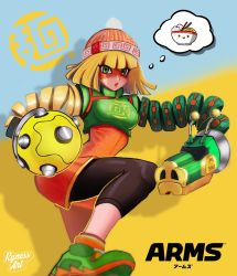 Rule 34 | 1girl, arms (game), artist request, beanie, blonde hair, blunt bangs, breasts, chinese clothes, copyright name, domino mask, dragon (arms), facepaint, food, green eyes, hat, highres, knit hat, leggings, leggings under shorts, looking at viewer, mask, megawatt (arms), min min (arms), nintendo, noodles, open mouth, pantyhose, short hair, shorts, smile, solo, super smash bros.