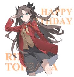 Rule 34 | 1girl, aqua eyes, arm up, black skirt, brown hair, brown vest, character name, closed mouth, coat, cropped legs, dutch angle, fate/stay night, fate (series), floating hair, happy birthday, highres, homurahara academy school uniform, jacket, kafuuchino (chouti), long hair, neck ribbon, red coat, red jacket, red ribbon, ribbon, school uniform, skirt, solo, standing, tohsaka rin, two side up, vest, white background