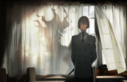 Rule 34 | 1boy, absurdres, akechi gorou, ameinu, arms behind back, black necktie, brown eyes, brown hair, chair, chinese commentary, classroom, collared shirt, curtains, desk, different shadow, film grain, formal, gun, hair between eyes, highres, holding, holding gun, holding weapon, indoors, loki (megami tensei), long sleeves, looking at viewer, male focus, necktie, persona, persona 5, school chair, school desk, shirt, short hair, smile, solo, spoilers, striped necktie, suit, suppressor, vertical-striped clothes, vertical-striped necktie, weapon, white shirt, window