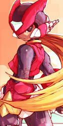 Rule 34 | 1boy, absurdres, android, armor, artist name, blonde hair, clenched hand, closed mouth, commentary request, energy sword, green eyes, helmet, highres, holding, holding weapon, iikoao, long hair, looking at viewer, looking back, male focus, mega man (series), mega man zero (series), mega man zero 2, ponytail, serious, solo, standing, sword, very long hair, weapon, z saber, zero(z) (mega man), zero (mega man)