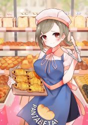 Rule 34 | 1girl, apron, bad id, bad pixiv id, baguette, blue apron, blush, bread, breasts, brown hair, croissant, doughnut, food, hair ornament, hairclip, hat, highres, holding, holding tray, koromo take, looking at viewer, medium breasts, medium hair, original, red eyes, sandwich, short sleeves, smile, solo, standing, tongs, tray