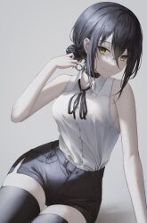 Rule 34 | 1girl, absurdres, bare shoulders, black choker, black hair, black ribbon, black shorts, black thighhighs, chainsaw man, choker, closed mouth, collared shirt, feet out of frame, flippy (cripine111), green eyes, grenade pin, grey background, hair bun, hand up, highres, looking at viewer, medium hair, neck ribbon, reze (chainsaw man), ribbon, shirt, shirt tucked in, shorts, side slit, side slit shorts, sidelocks, single hair bun, sleeveless, sleeveless shirt, smile, solo, thighhighs, white shirt
