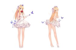 Rule 34 | 1girl, :o, alternate costume, blonde hair, blue eyes, blush, breasts, bug, butterfly, cleavage, clothes lift, dress, dress lift, fake wings, flower, frilled dress, frills, full body, gloves, high heels, insect, jewelry, large breasts, long hair, necklace, official art, red flower, red rose, rose, saratoga (warship girls r), short dress, simple background, solo, strapless, strapless dress, suisai., tiara, torn clothes, torn dress, torn gloves, transparent background, underboob, warship girls r, white background, white dress, white gloves, wince, wings