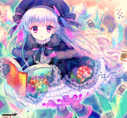 Rule 34 | 10s, 1girl, absurdres, ace (playing card), ace of diamonds, alice (alice in wonderland), alice in wonderland, amo (shibu3), artist name, beret, black bow, black capelet, black dress, black gloves, black hat, black pantyhose, blush, book, bow, capelet, card, cheshire cat (alice in wonderland), club (shape), collar, commentary request, diamond (shape), doll joints, dress, fate/extra, fate (series), frilled collar, frilled dress, frilled pantyhose, frilled sleeves, frills, fur-trimmed capelet, fur trim, gloves, hair between eyes, hair bow, hat, heart, highres, holding, holding book, joints, long hair, long sleeves, looking at viewer, nursery rhyme (fate), open book, pantyhose, parted lips, playing card, purple eyes, silver hair, solo, striped, striped bow, very long hair