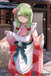 Rule 34 | 1girl, antlers, apron, bad id, bad twitter id, bow, braid, branch, ceres fauna, ceres fauna (new year), closed mouth, commentary, english commentary, eyes visible through hair, floral print, flower, frilled apron, frills, green hair, green nails, hair bow, hair flower, hair ornament, hair over one eye, hair over shoulder, hololive, hololive english, horns, japanese clothes, kimono, long hair, long sleeves, mole, mole under eye, mujinbensin, nail polish, outdoors, patreon username, petals, pink flower, pink kimono, print kimono, red bow, smile, solo, twin braids, virtual youtuber, white apron, yellow eyes