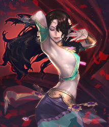 Rule 34 | 1girl, arm up, armpits, artist request, brown hair, card (medium), chaos online, hair over one eye, lips, long hair, midriff, official art, parted lips, pointy ears, silk (chaos online), solo
