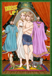 Rule 34 | 1boy, 1girl, animal, aqua eyes, bare shoulders, blonde hair, blush, brown hair, carpet, cat, collarbone, covering privates, covering breasts, crossed arms, dress, earrings, embarrassed, full body, happy, indoors, jewelry, link, long dress, long hair, momen, navel, neck, necklace, nintendo, open mouth, pants, parted bangs, pointy ears, ponytail, princess zelda, short hair, silent princess, smile, standing, stomach, straight hair, strapless, strapless dress, swept bangs, the legend of zelda, the legend of zelda: breath of the wild, white dress, wooden floor