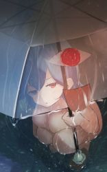 Rule 34 | amekosame, bad id, bad twitter id, blue hair, completely nude, from above, heterochromia, holding, holding umbrella, nude, outdoors, rain, see-through, short hair, solo, squatting, tagme, tatara kogasa, touhou, transparent, transparent umbrella, umbrella, undefined fantastic object, v-shaped eyebrows, water, wet
